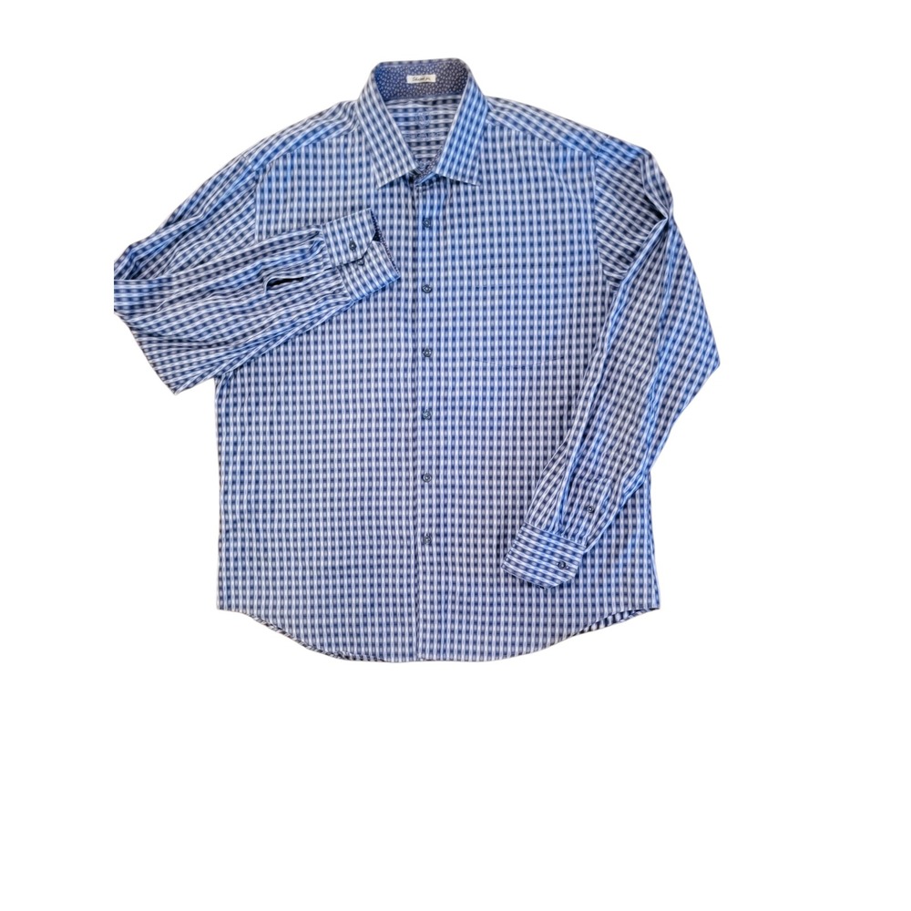 Bugatchi Uomo Button Down Shirt Mens XL Blue Geometric Check Cotton Excellent